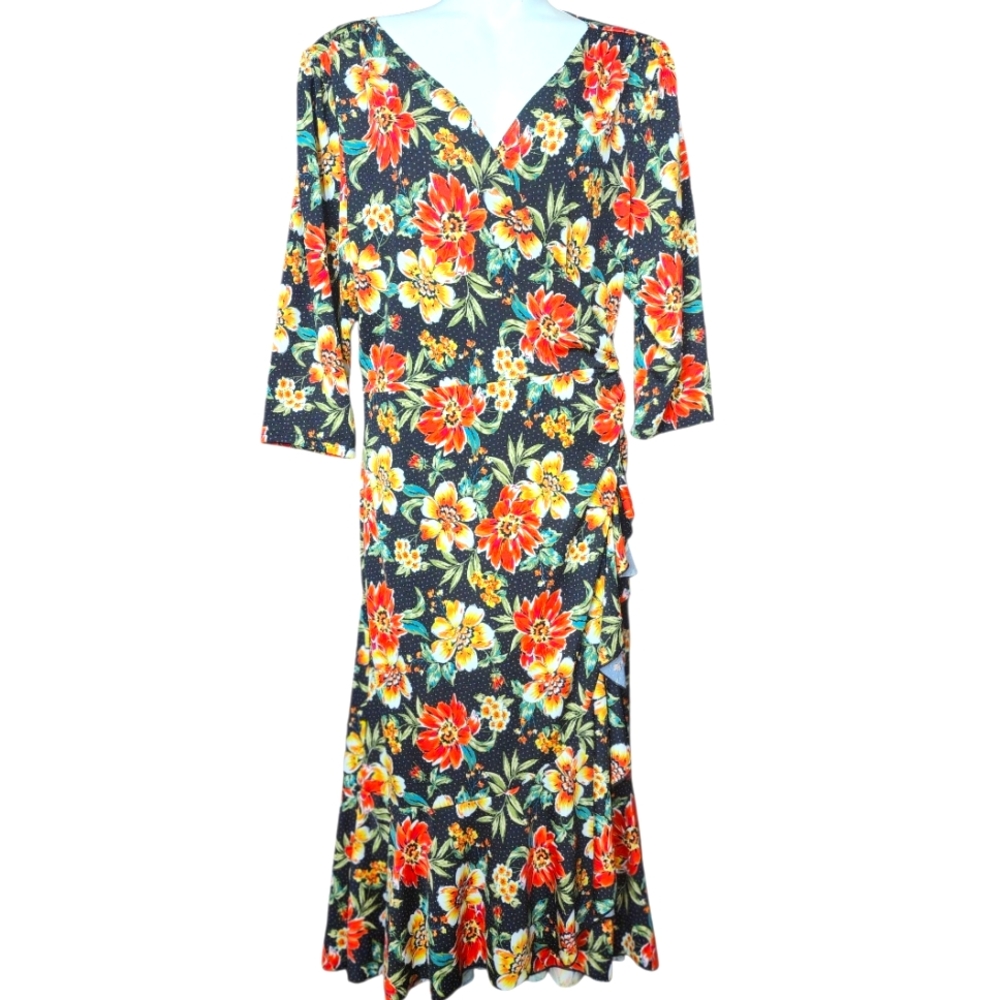 Kiyonna Floral  Wrap Dress Orange  and Yellow Whith Black Flirty Flounce Wrap V5